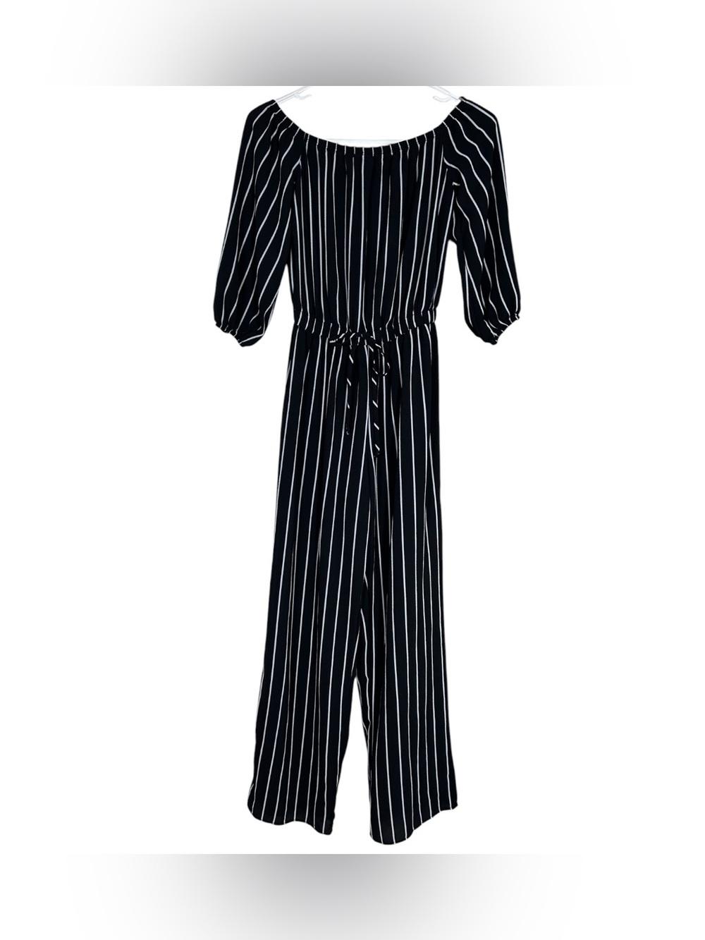 Haute Monde Black Pinstripe Wide Leg Jumpsuit Small Balloon Sleeve